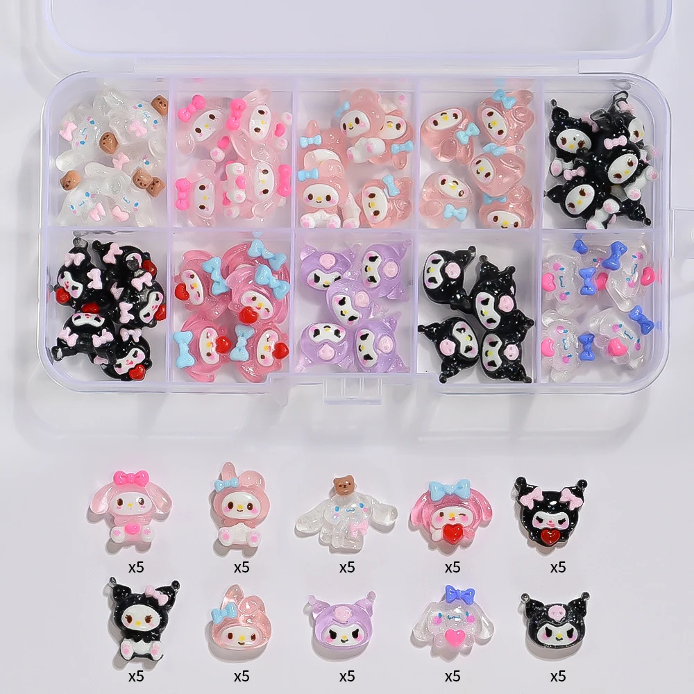 10 griglie (50 pezzi) cartone animato 3D Kuromi/Melody/Cinnamoroll Nail Art Decor Kawaii carino Kuromi e Melody Nail Charm custodia per telefono fai da te parte del chiodo