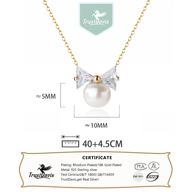 TrustDavis Real 925 Sterling Silver Fashion Charm Diamond Studded Bow Pearl Necklace for Women Wedding Party S925 Jewelry DA1636