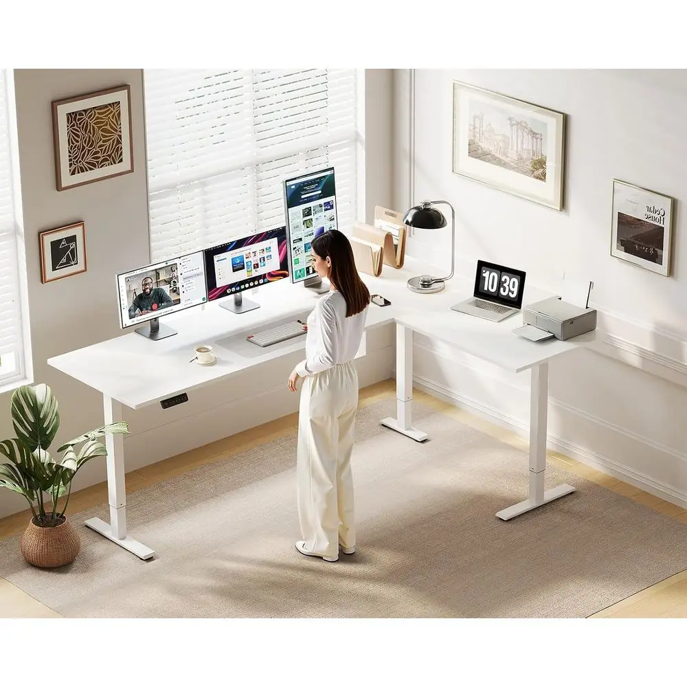 71 Reversible L-Shaped Electric Desk, Adjustable Height, Ergonomic Standing Desk for Home and Office, White