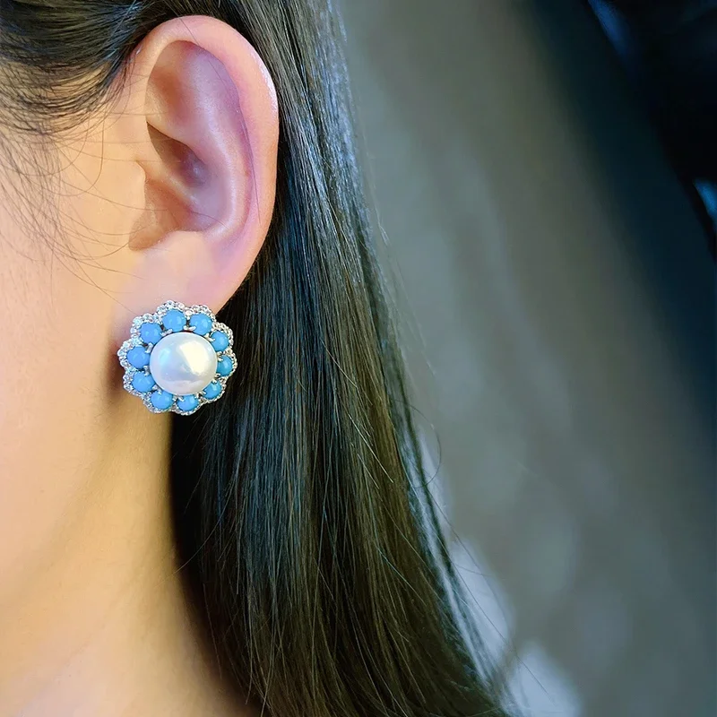 New s925 silver all the way flower vintage vintage style blue turquoise pearl earrings ear studs retro women's wedding jewelry