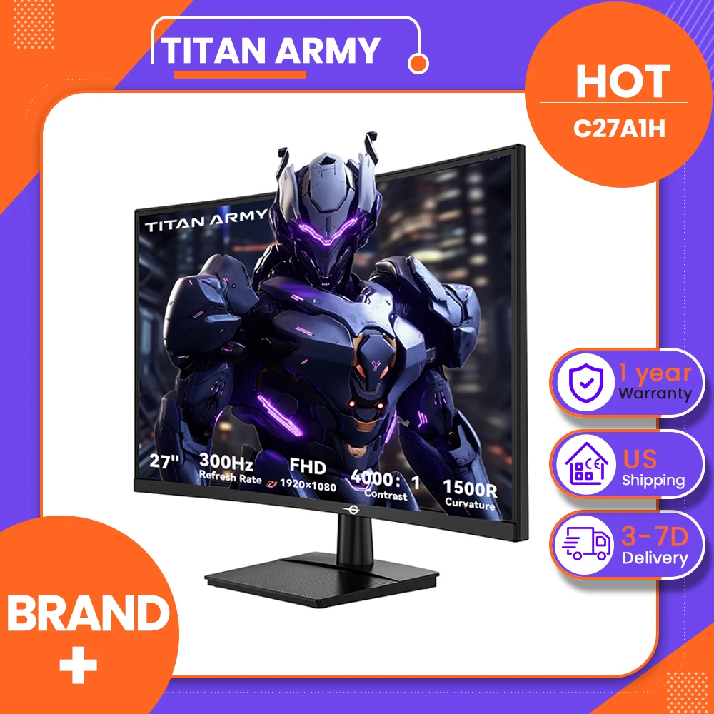 TITAN ARMY C27A1H Gaming Monitor, 27 inch 1500R Curved VA Screen, 1920*1080, 300Hz Refresh Rate,1ms GTG Response Time, FreeSync, HDR10, 4000:1 Contrast Ratio, Game+, Dynamic OD, 10 Scenario Modes, PBP & PIP Display, 2*HDMI2.0, 2*DP1.4, 1*Audio