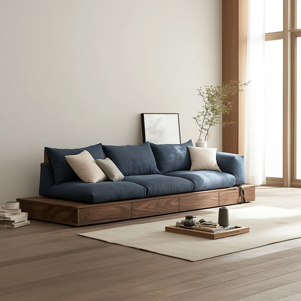 #d% Wabi-Sabi Style Solid Wood Sofa Linen Dark Blue Walnut Vintage Villa Three Seat Couch High-end Living Room Furniture