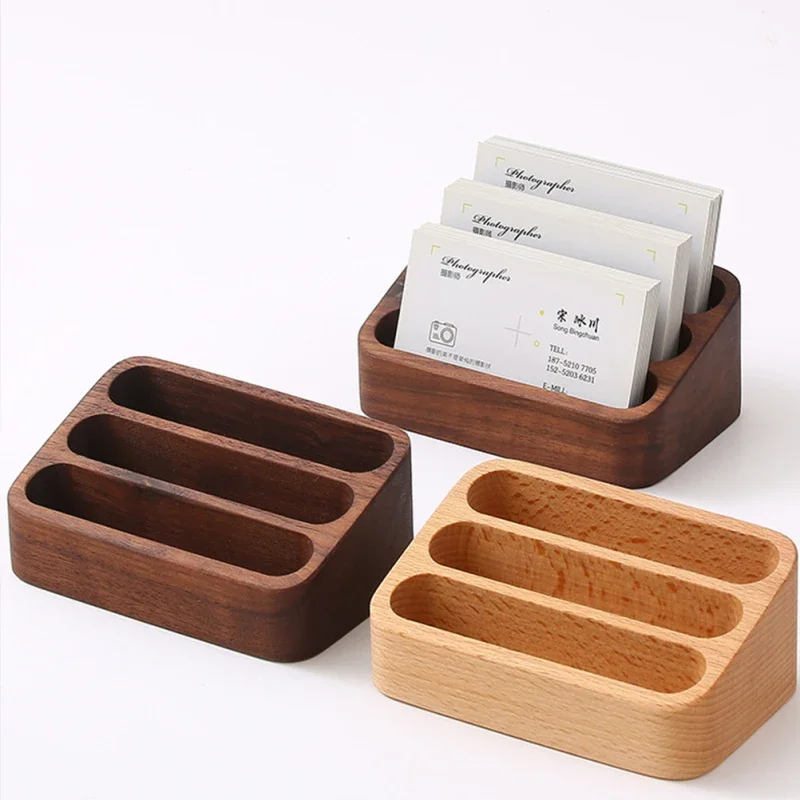 Solid Wood Desktop Business Card Display Stand Memo Holder Storage Box Beech Wood Card Organizer For Office