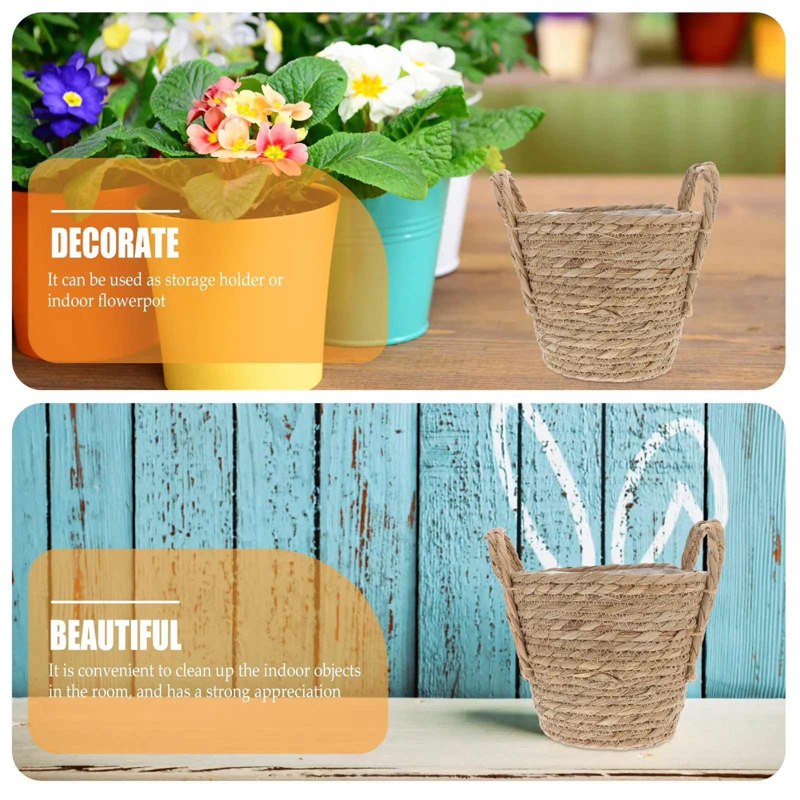 1Pcs Retro Straw Flowerpot 20Cm Multipurpose Indoor Plant Basket Storage Holder Seagrass Planter for Faux Flowers and Succulents