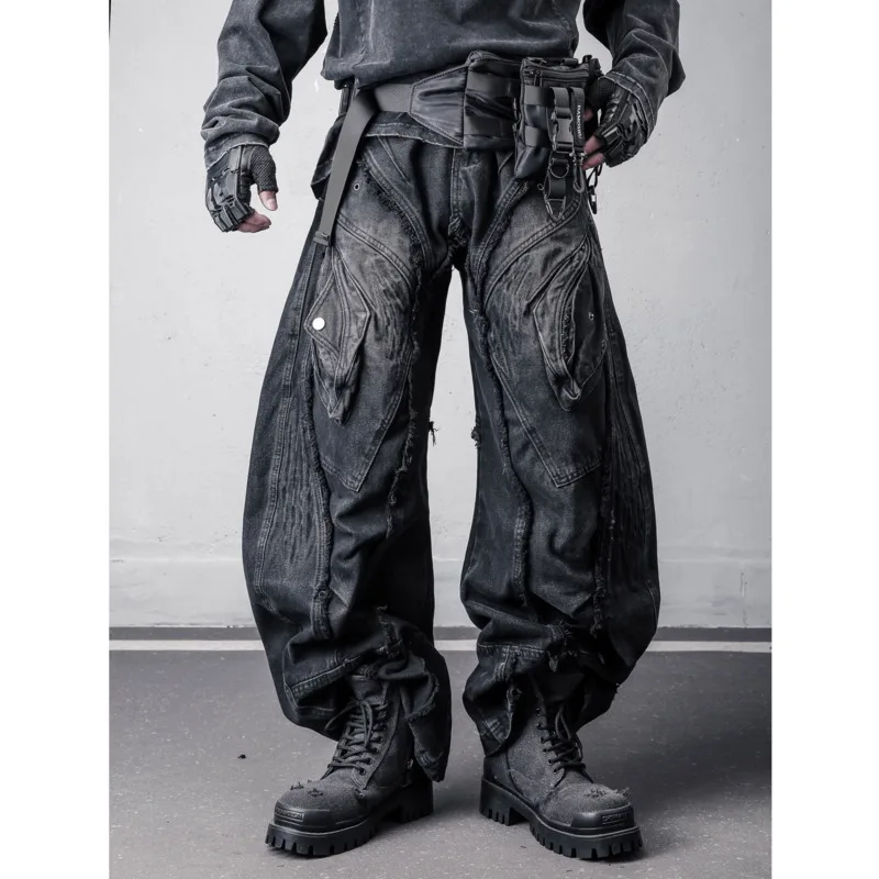 HKSH Spring Men Niche Waste Land Subculture Dark Heavy Denim Pants Patchwork Wide-leg Raw Edge Fringed Distressed Jeans HK20186