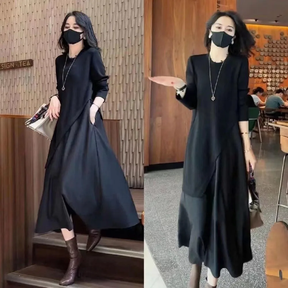 

Women's Lyrical Party Dresses Long Sleeve Fake Two Piece Dress Round Neck Pure Black Skinny Casual Business Office Streetwear