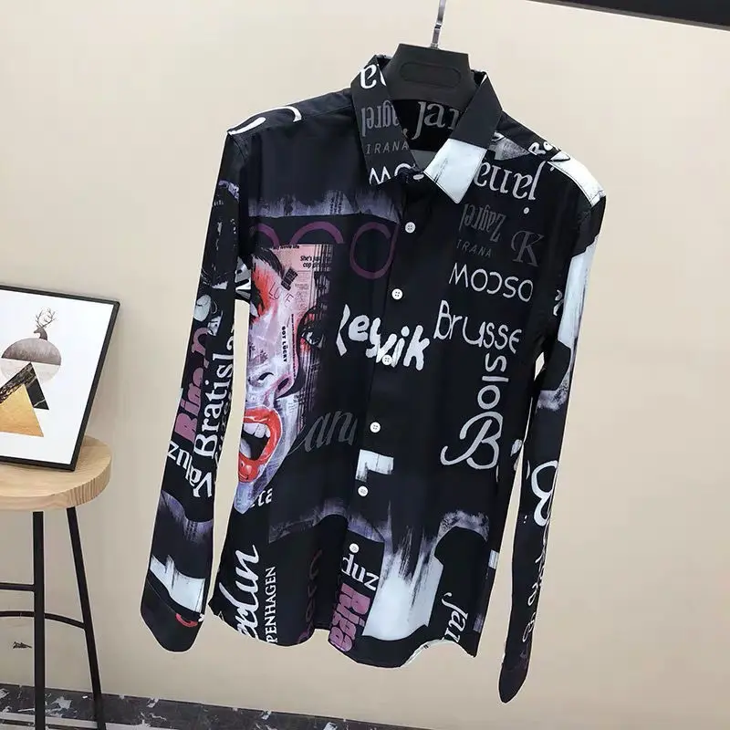 Men's flower shirt long sleeve Korean slim trend handsome retro casual floral shirt men's ice silk shirt