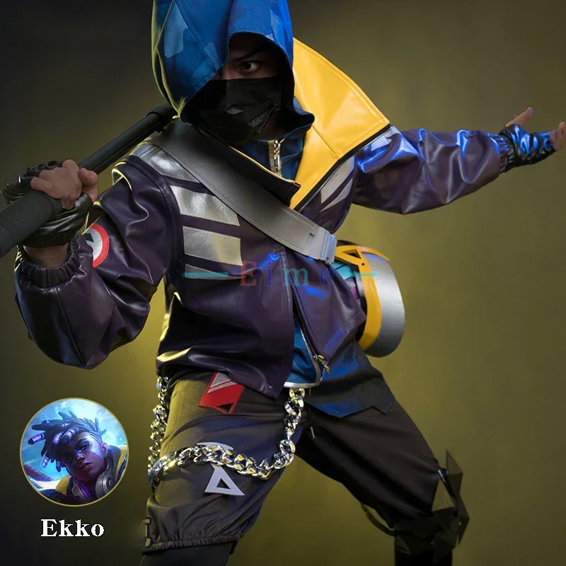 Game LOL True Damage Ekko Cosplay Costumes Fancy PU Hoody Coat Jacket Pants Halloween Carnival Uniforms Men Casual Outfit