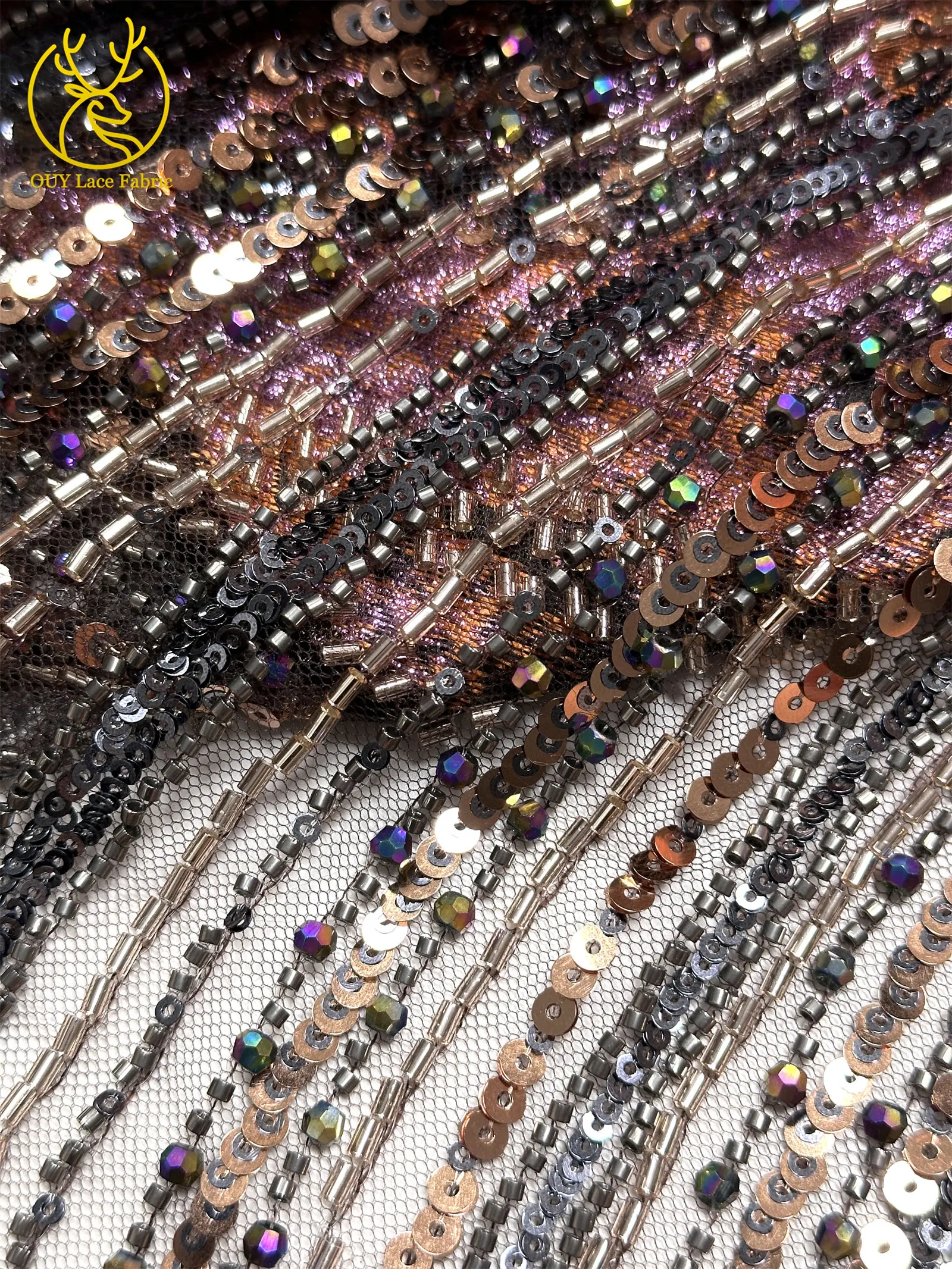 Lila luxuriöser afrikanischer schwere Perlen-Chiffon-Spitzenstoff 2026 Hochwertiger nigerianischer Pailletten-Spitzenstoff für Abendkleider 5 Yards – Detail 21