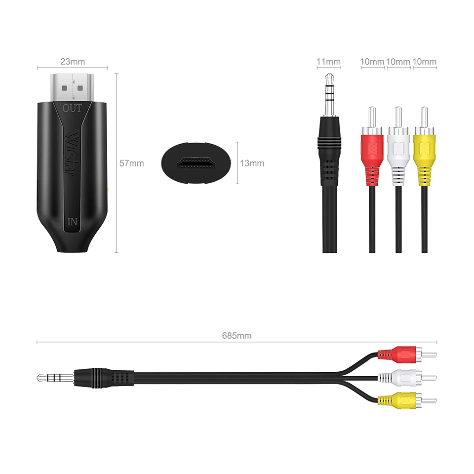 1080P RCA to HDMI Cable, 3-RCA Video Audio AV to HDMI Male Cable Connector Adapter, One Way Transmitter for HDTV DVD  TV