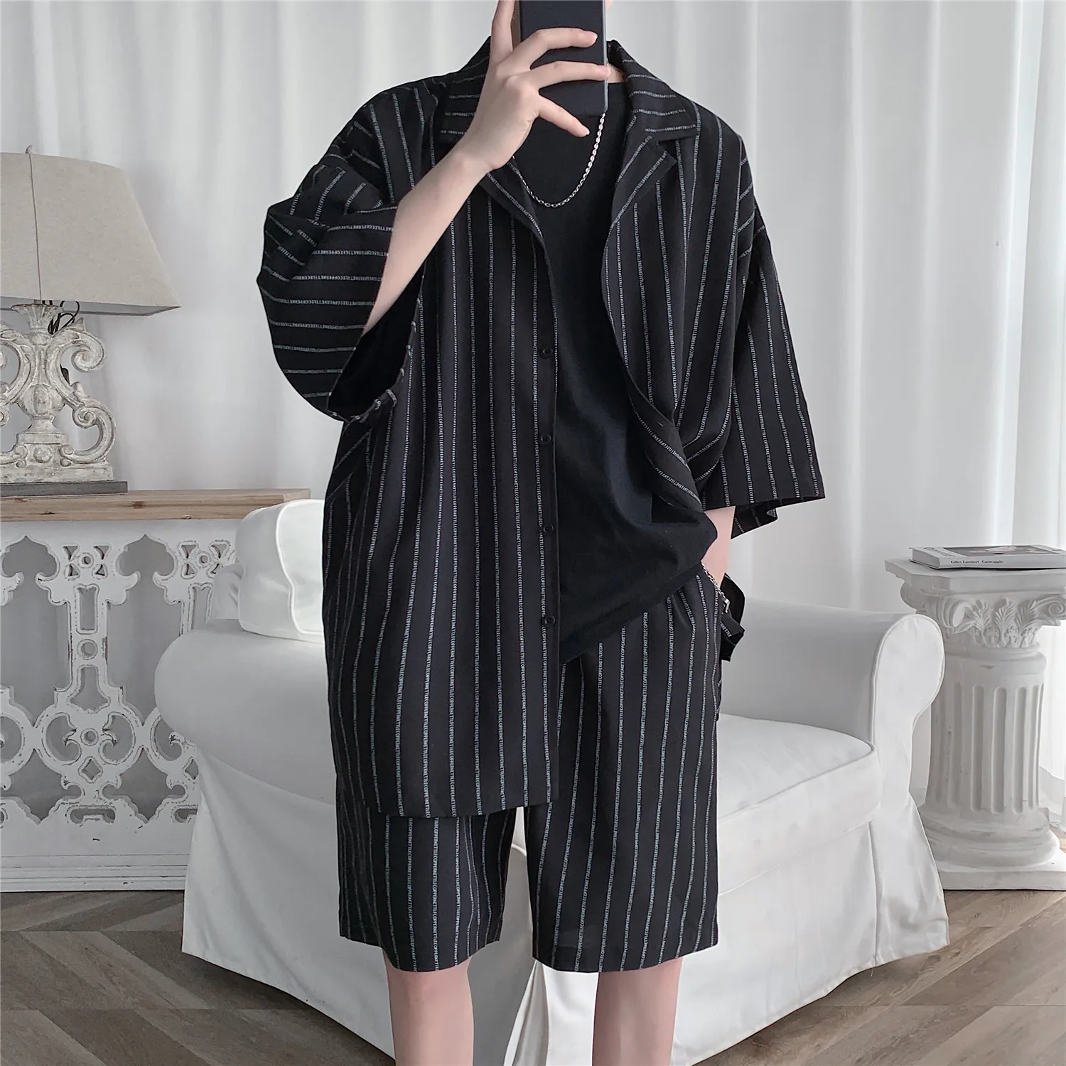 

Nice Korean Style Men's Tracksuit Jacket And Shorts 2 Pcs Set Summer Stripe Male Sports Suit Oversized Clothing Suit Lightweight