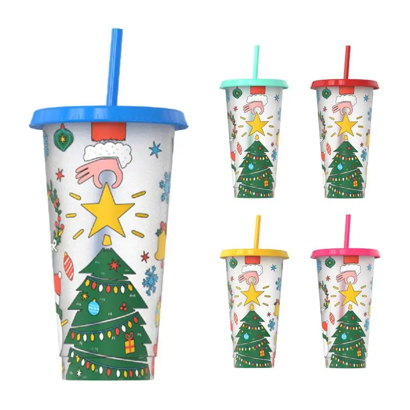 24oz New Single-layer Plastic Color Changing Christmas Cup Straw Cup Cold Tumbler With Lids Party Drinks Coffee Mugs