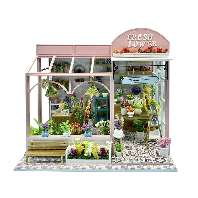 DIY Wooden Doll House Miniature With Furniture Kit Flower Shop Model Dollhouse Assembly Toys for Children Christmas Gift Casa