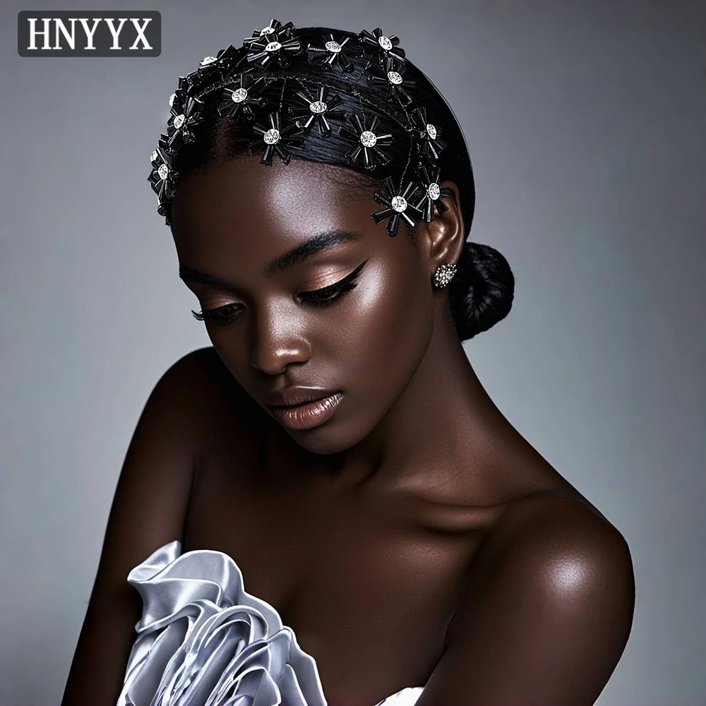 

HNYYX Luxury Black Crystal Headband Handmade Beaded Hairpiece High-end Women's Headdress Fashion Bride Wedding Accessories A404