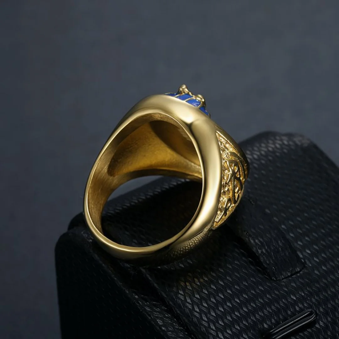 Hip Hop New Egyptian Angel Men's Shiny Ring 25mm Chunky Gold Color Stainless Steel Pharaoh blue Ring for Man Trendy jewelry Gift