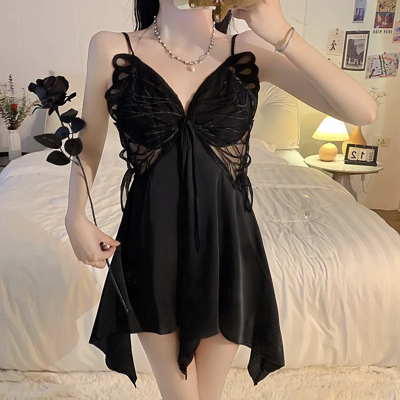 Sexy Noble Elegant Black Women\'s 2pc Nightgown Butterfly Aesthetics Romantic Halter Nightskirt 2024 New Summer Lounges with Bra