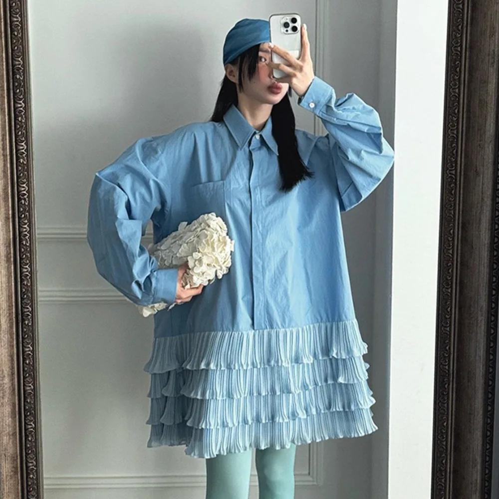 Outono feminino coreano dongdaemun nicho design sentido, cor contrastante emenda bolo camisa vestido