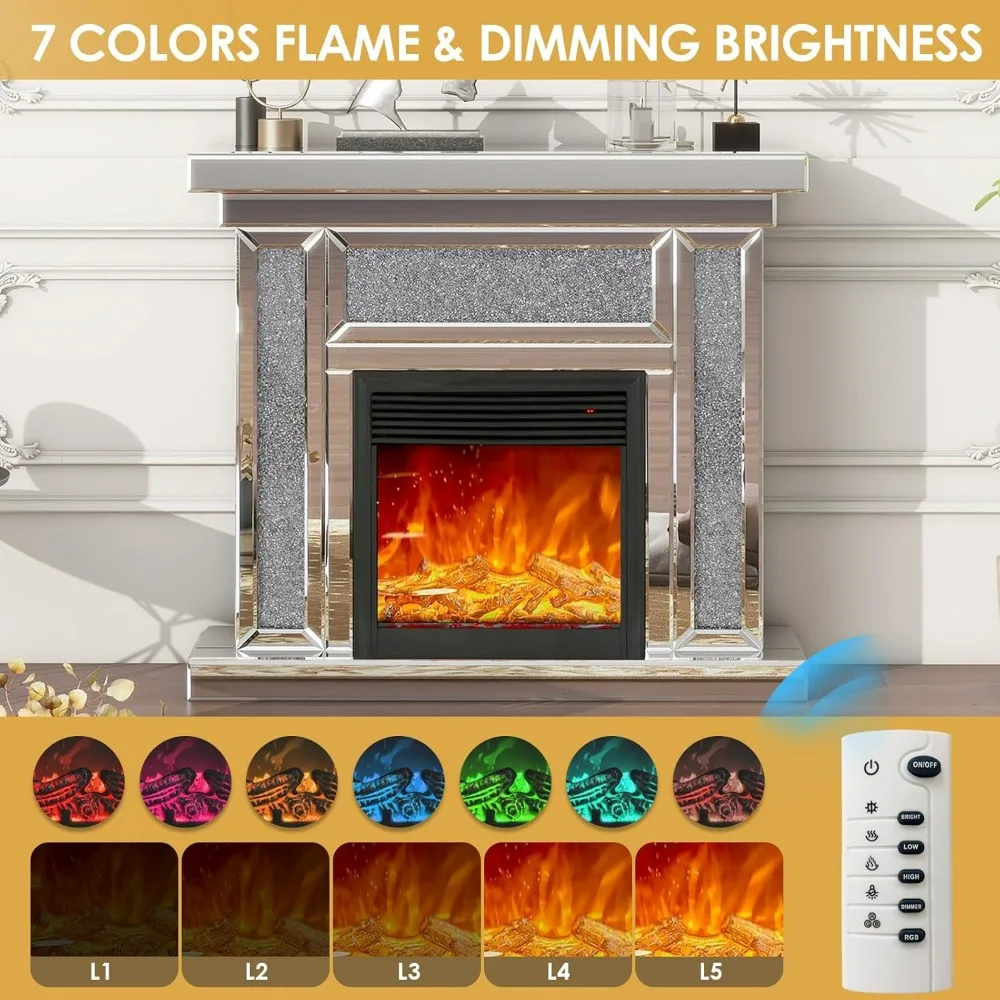 Mirrored Electric Fireplace TV Stand, Faux Fireplace Mantel Freestanding Firebox with 3D Realistic Flame 7 Colors, Fireplaces