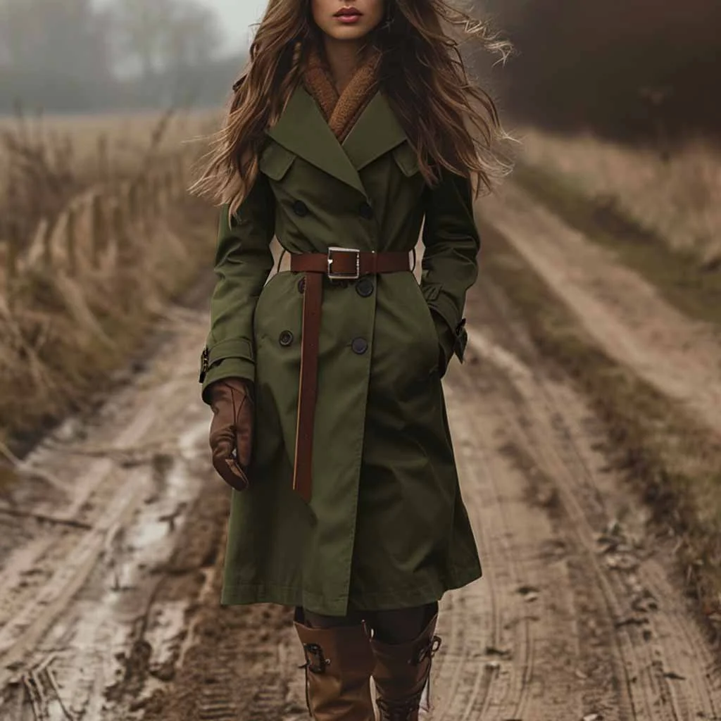 

Elegant Long Trench Coat Women Pocket Double-Breasted Full Sleeve Solid Color Windbreaker 2025 Autumn Lady Street Outwears New