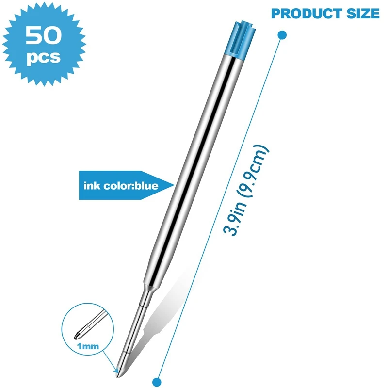 50Pcs Replaceable Ballpoint Pen Refills Metal Refill Smooth Writing Pen Refills 1.0 Mm Replacement Gel Ink Refills