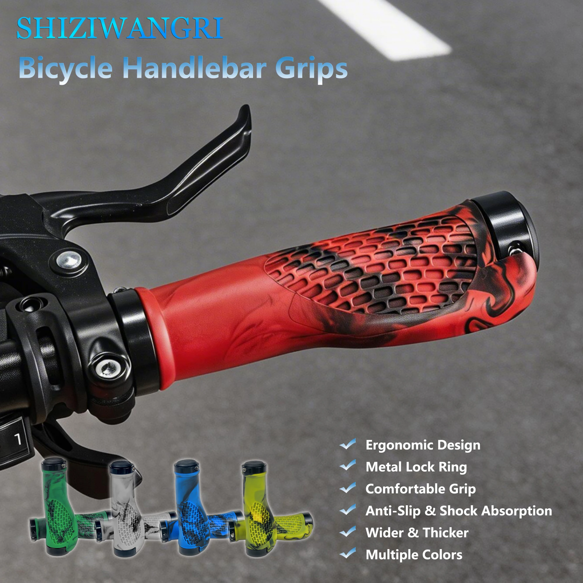 

Резиновые ручки для велосипедного руля SHIZIWANGRI TPR, эргономичный дизайн, алюминиевое фиксирующее кольцо, сердцевина из полипропилена, амортизация, нескользящие, разноцветные
