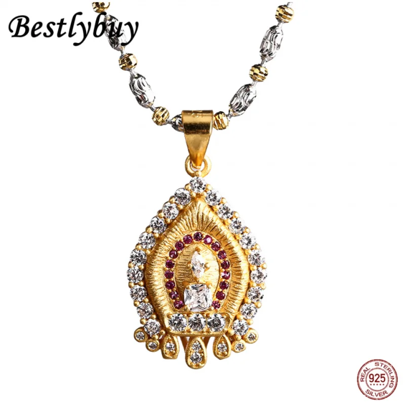 

S925 Pure Silver Prayer Tower Necklace Pendant Suitable for Women's Fashion Gold Plated with Zircon Water Drop Luxury Pendant