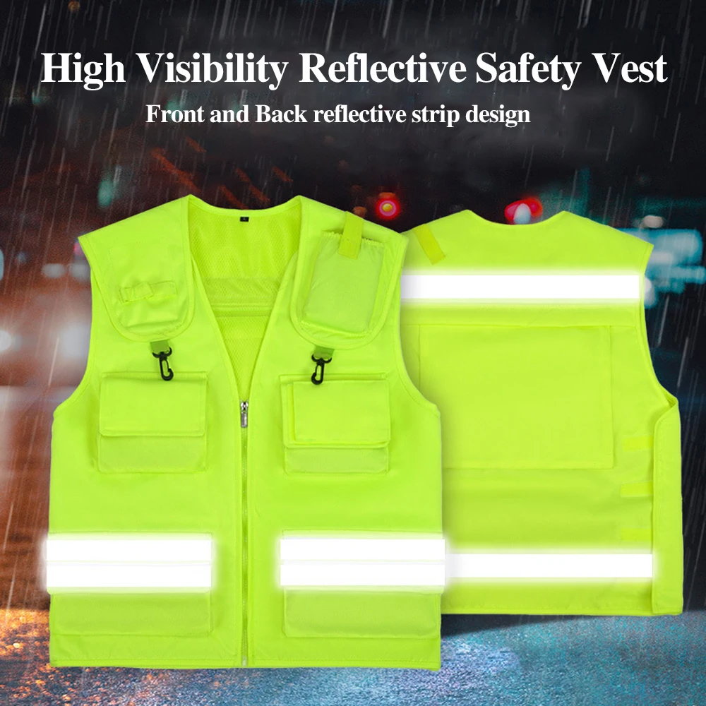 Safety Fluorescent Vest High Visibility Reflective Work Clothes for Man Construction Photography Fishing Hi Vis Workwear