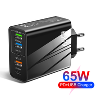 65W GaN Charger USB Type C Muti 5 Ports Fast Charging PD Mobile Phone Wall Adapter for iPhone Huawei Xiaomi Quick Charge QC3.0