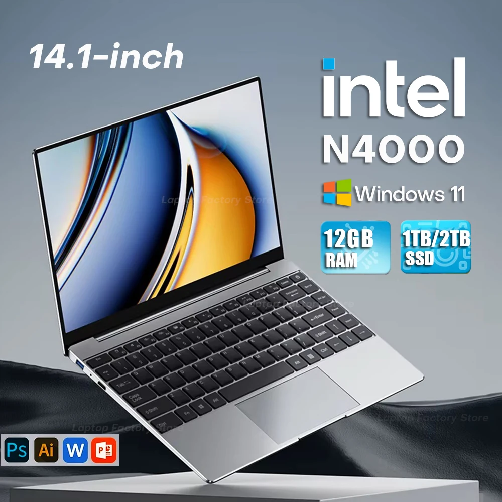 Laptop 14,1 Zoll Windows 11 Intel Celeron N4000 Netbook 1920*1080 Tragbares Notebook Intel 12 GB RAM