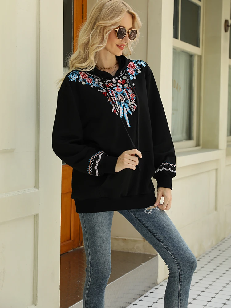 Imagem -04 - Khalee Yose Boho Bordado Moletom com Capuz Camisola de Algodão Preto Outono Solto Harajuku Streetwear Vintage Feminino 23xxxl Topos