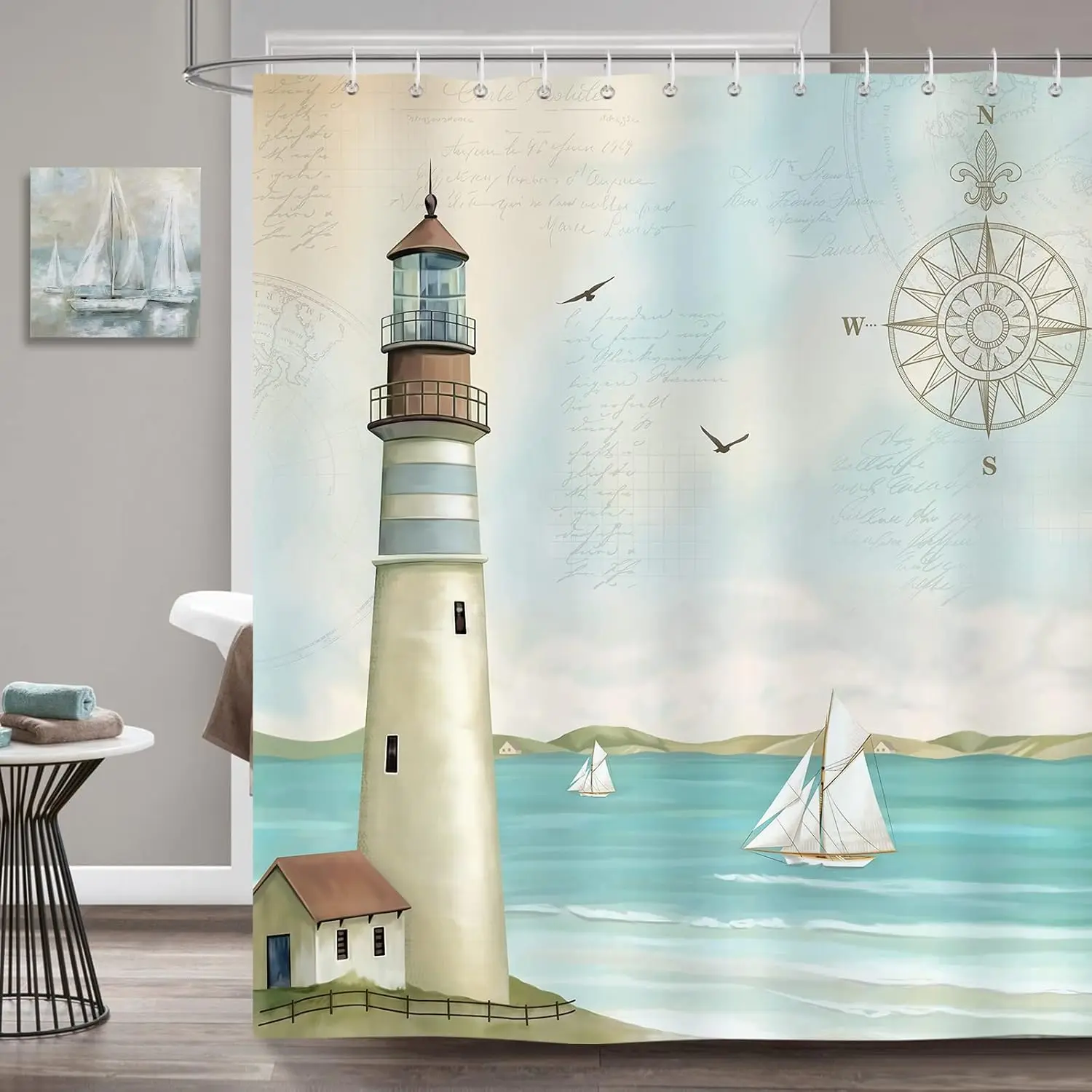 Lighthouse Shower Curtain, Nautical Coastal Sailboat Compass Bathroom DecorPolyester Fabric Waterproof Bath Curtain with 12Hooks
