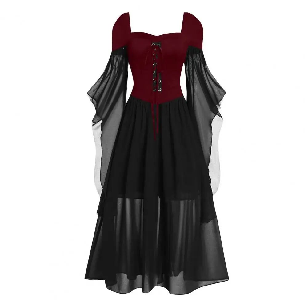 

Vintage Women's Dress Irregular Horn Sleeve A-line with Big Hem Slim Waist Pleated Lace-up Strap for Medieval