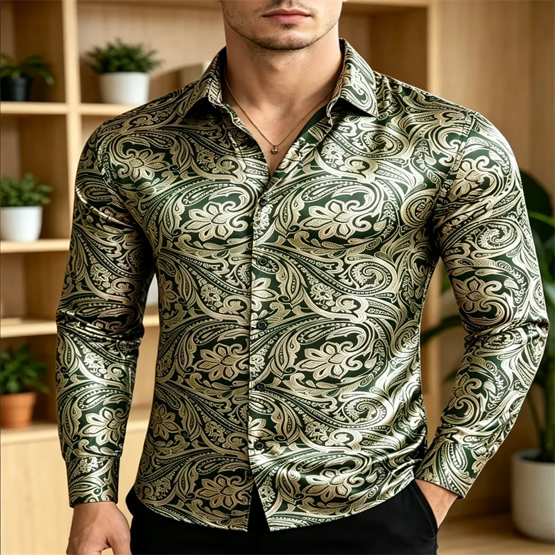 Men Satin Long Sleeve Dress Shirt Green Golden Paisley Floral Print Button‑Down Turn‑Down Collar Male Party Banquet Formal Casua