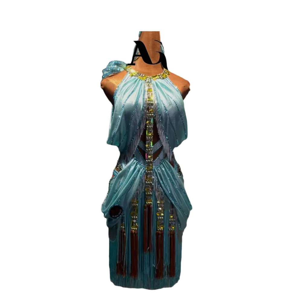 Costume da ballo latino AB Stone Donna Adulto Bambini High-End Personalizzato Retro Verde menta Gonna con nappa Abito da samba da piscina nero