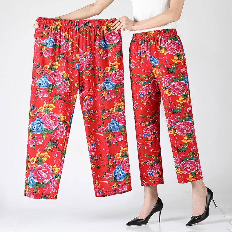 Plus Size XL-8XL Women Harem Pants Casual Elastic High Waist Pants Print Middle Aged Women Loose Straight Pants Mom Trousers