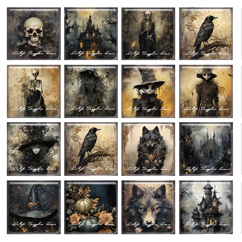 

10pcs/lots Halloween Gothic Dark Scarecrow Skull Raven Square Photo Glass Cabochon Demo Flat Back Cameo For Diy Jewelry Making