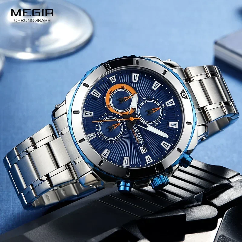 MEGIR Men's Blue Dial Chronograph Quartz Watches Fashion Stainless Steel Analogue Wristwatches for Man Luminous Hands 2075G-2