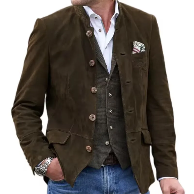 2025 New Suede jacket For Men Vintage Casual Suit Coat Spring Autumn Long Sleeve Stand Collar Retro Tops Outerwear Streetwear