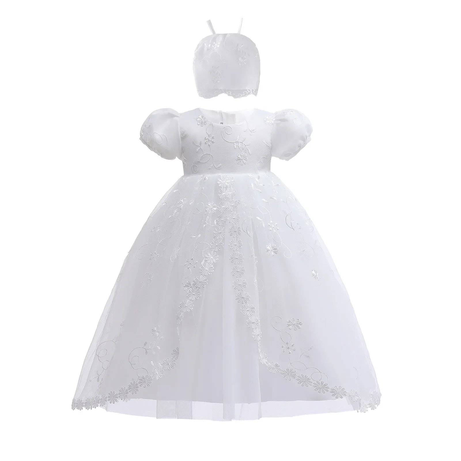 Vestido largo de encaje blanco para bautizo de niña, ropa de princesa para fiesta de cumpleaños, boda, recién nacido, 1 año