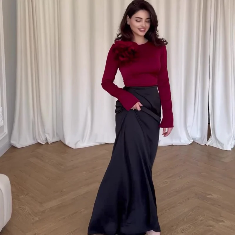 

Autumn New Satin Slim Fit Patchwork Color-Block Floral Accessory Long Dress