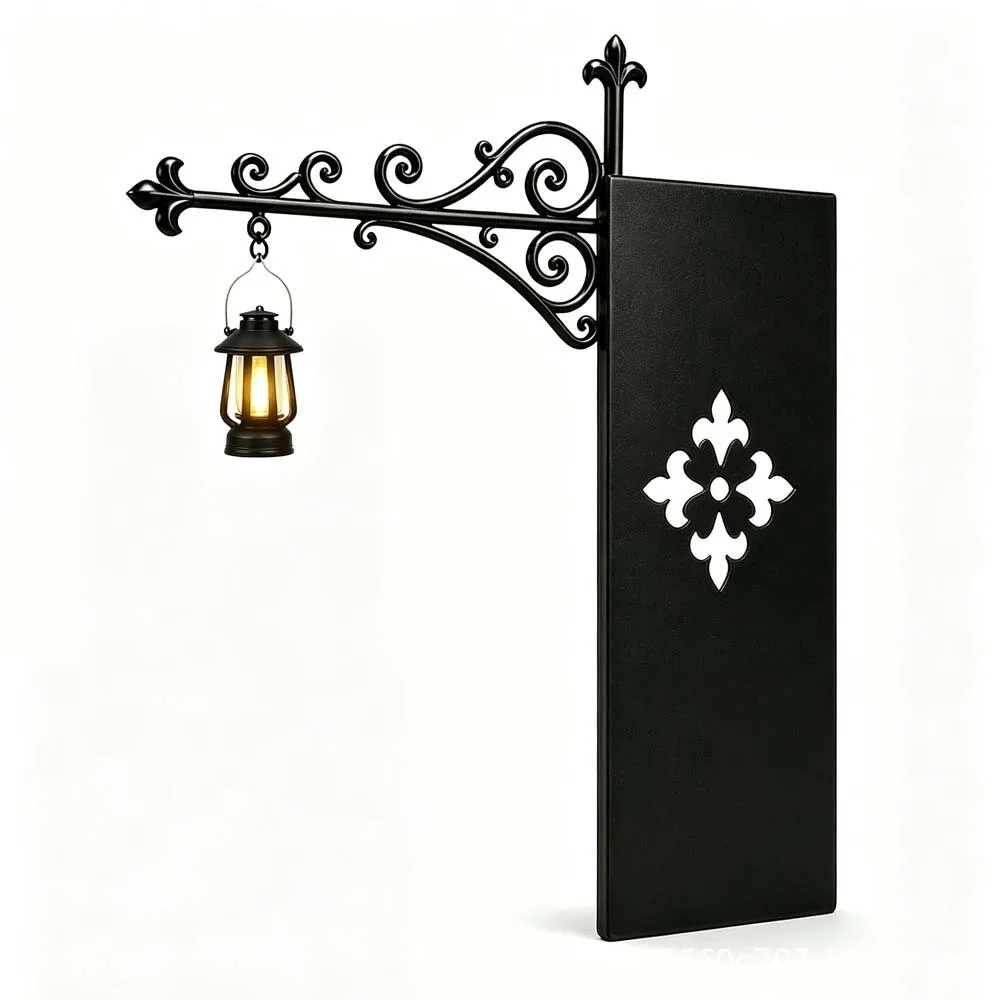Wrought Iron Street Lamp Bookends Button Cell Battery Powered Hollow Out LED Glowing Lantern Matte Black Retro Style