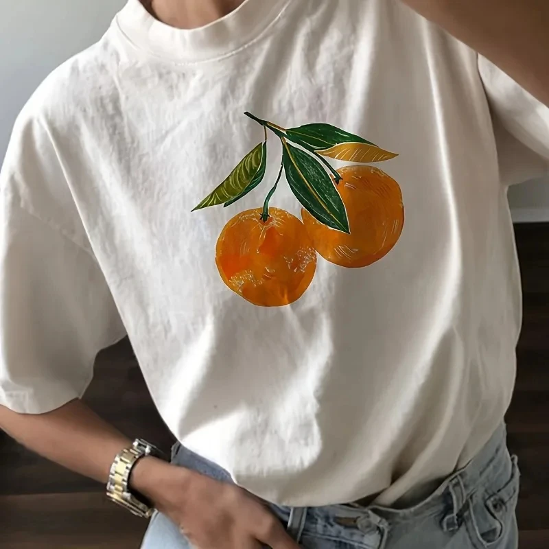 New Orange Print Cotton T-shirt Short Sleeved Round Neck Casual Top Large Women\'s Fashion T-shirt Summer Women\'s Clothing