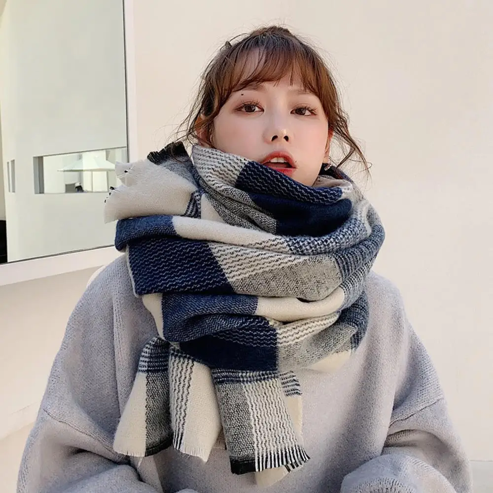 INS Vintage Preppy Style Blue Plaid Scarf For Women Winter JK DK Style Long Thick Warm Plaid Scarf Suitable For Both Men Women