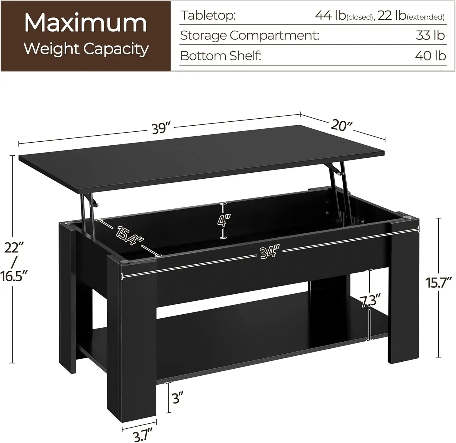 Yaheetech tavolino con piano elevatore con scomparto nascosto e ripiano portaoggetti, tavolo da pranzo da tavolo in aumento per soggiorno