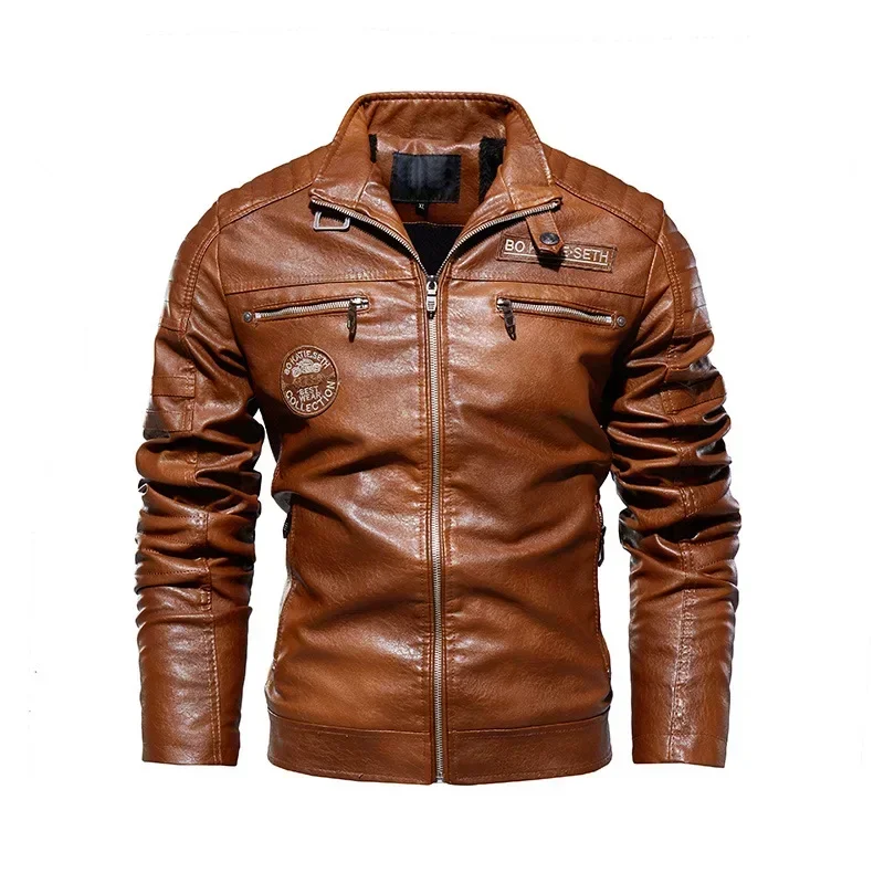 Men's Leather Clothing Autumn Winter Fashion Retro Windproof Fleece Liner Warm Outdoor Riding Lapel Coat Men's PU Leather Jacket