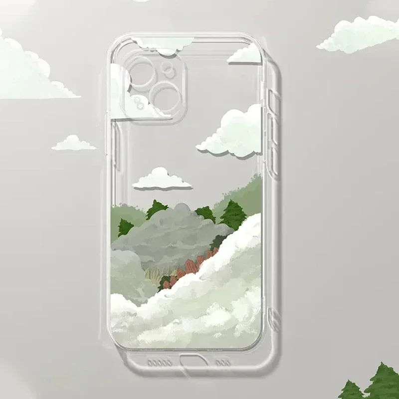 Cloud Mountain Scenery Phone Case for IPhone 16 Pro Max 15 13 11 12 Mini XS MAX X  14Plus Hand Painted Soft Clear Cover Shell