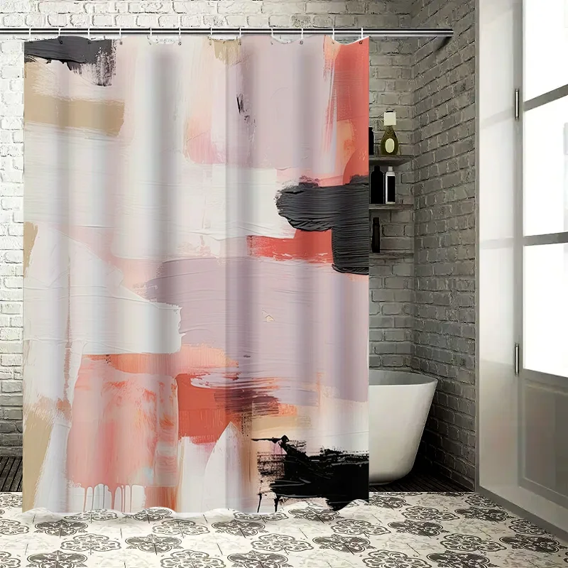 Abstract Paint Splatter Shower CurtainPink White Background with Black Brush Strokes Modern Decor for Bathroom or Bathtub Room
