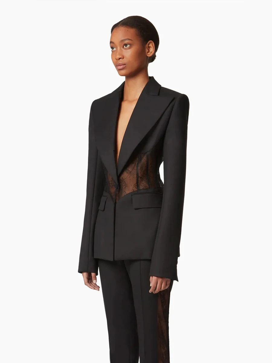 TWOTWINSTYLE Solid Sheer Spliced Lace Design Sense Blazers for Women Lapel Long Sleeves Temperament Blazer Female Clothing New