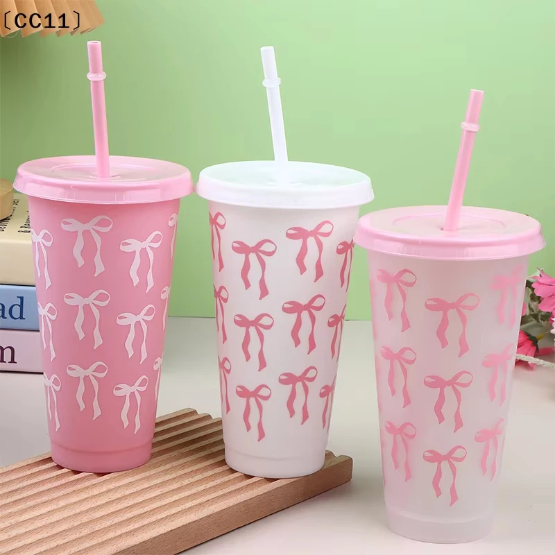 1/3/5 Pack Kawaii Bow Reusable Party Cup, Coffee Juice with Straw and Lid, Cute Teacup with Straw Plastic Cup Summer Gift