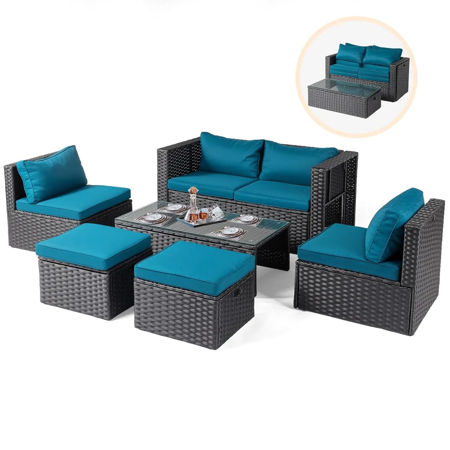 

6 Pieces Wicker Patio Furniture Set, Outdoor Sectional Furniture Patio Conversation Set Space-Saving Design With, Customized